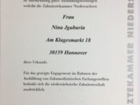 Auszeichnung der Zahnarztpraxis Jguburia in Hannover Mitte durch die ZKN