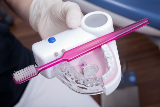 Zahnbürste und Gebissabdruck zum üben